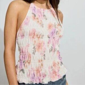 Garage Floral Halter Open Back Top - Pink and White